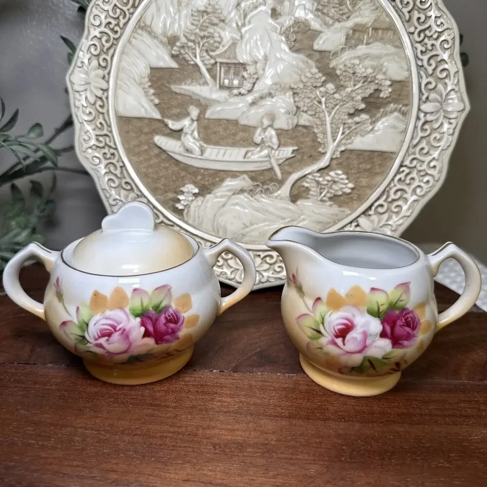 Hand Painted Porcelain Creamer Sugar Bowl Pink Roses Gold Trim Set Vintage